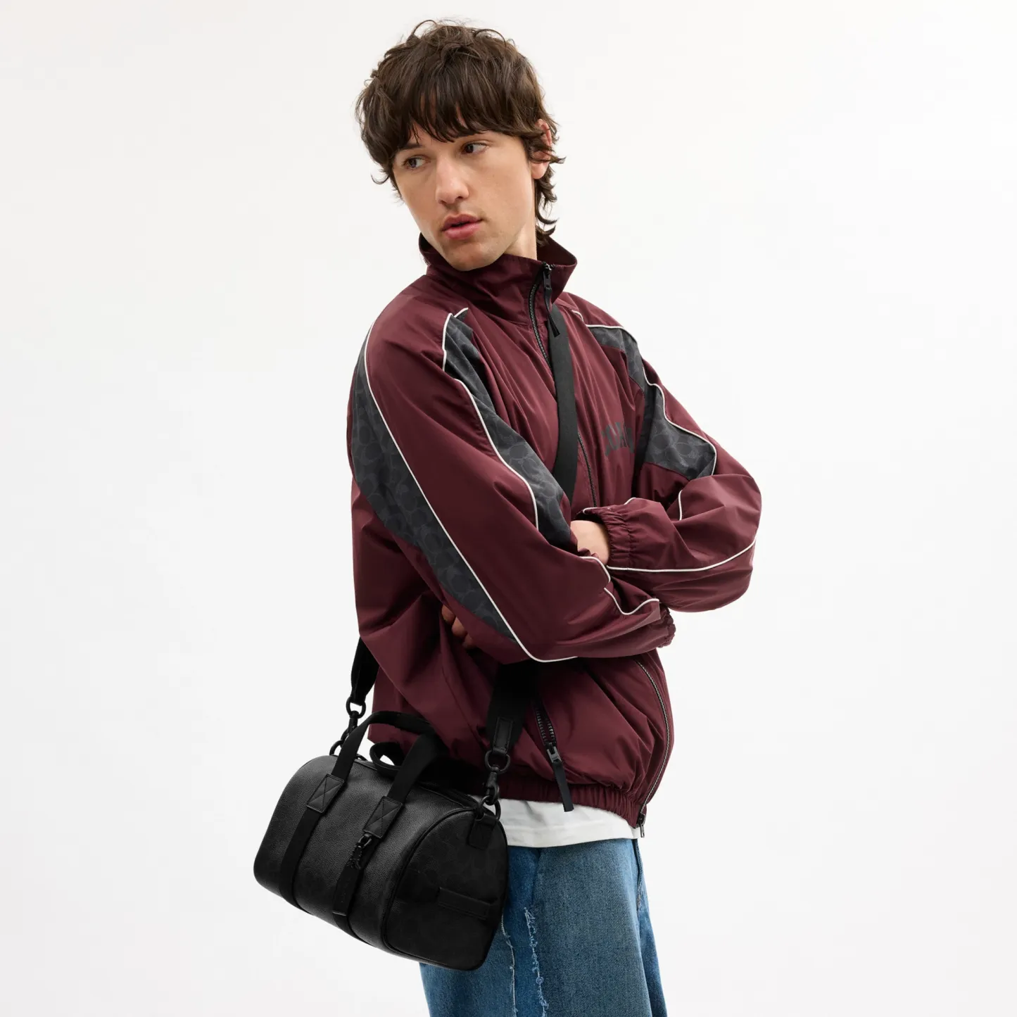 COACH®,Explorer Duffle Bag 28 In Signature Canvas,Canvas,Recycled Polyester,Leather,Duffle Bag,Logo,Adjustable,Lined,Susta...,Black,Detail View