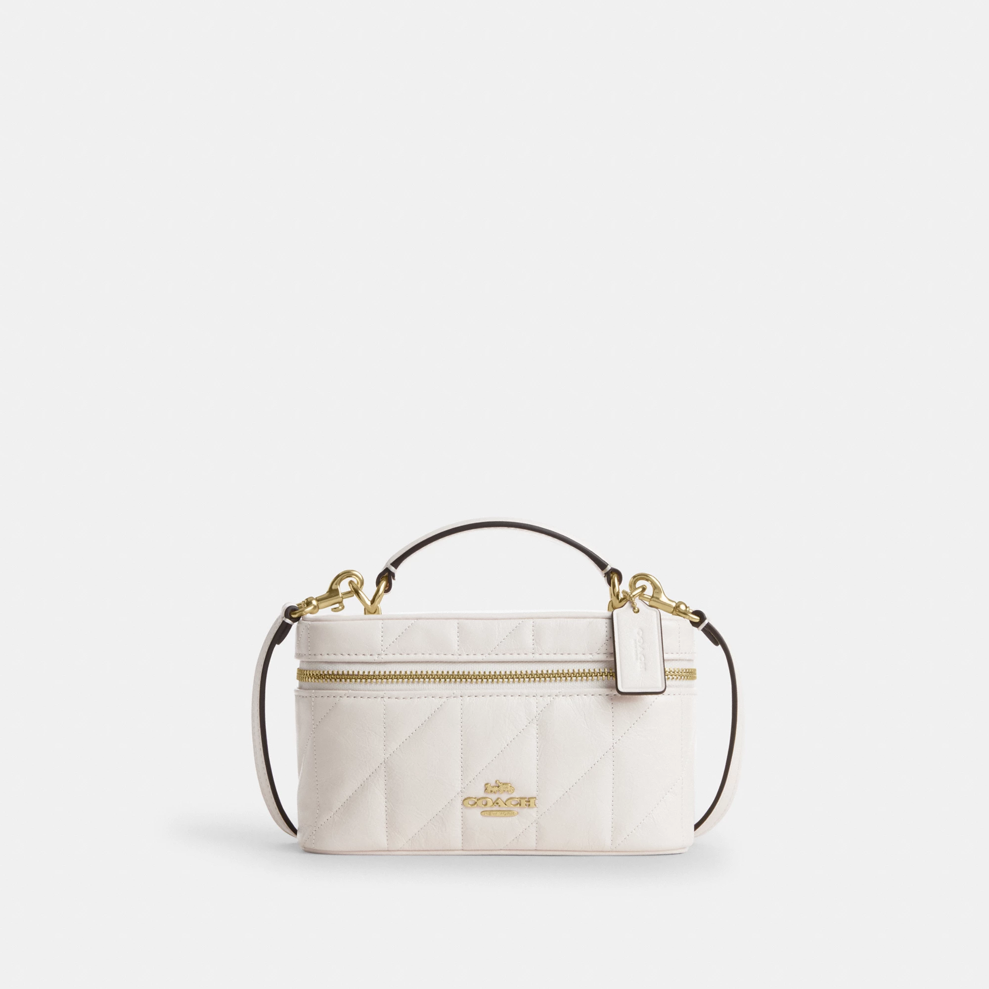 COACH®,Rainer Crossbody Bag 18 With Quilting,Recycled Polyester,Leather,Crossbody,Logo,Quilted,Sustainable,Adjustable,Gold...,White,Front View
