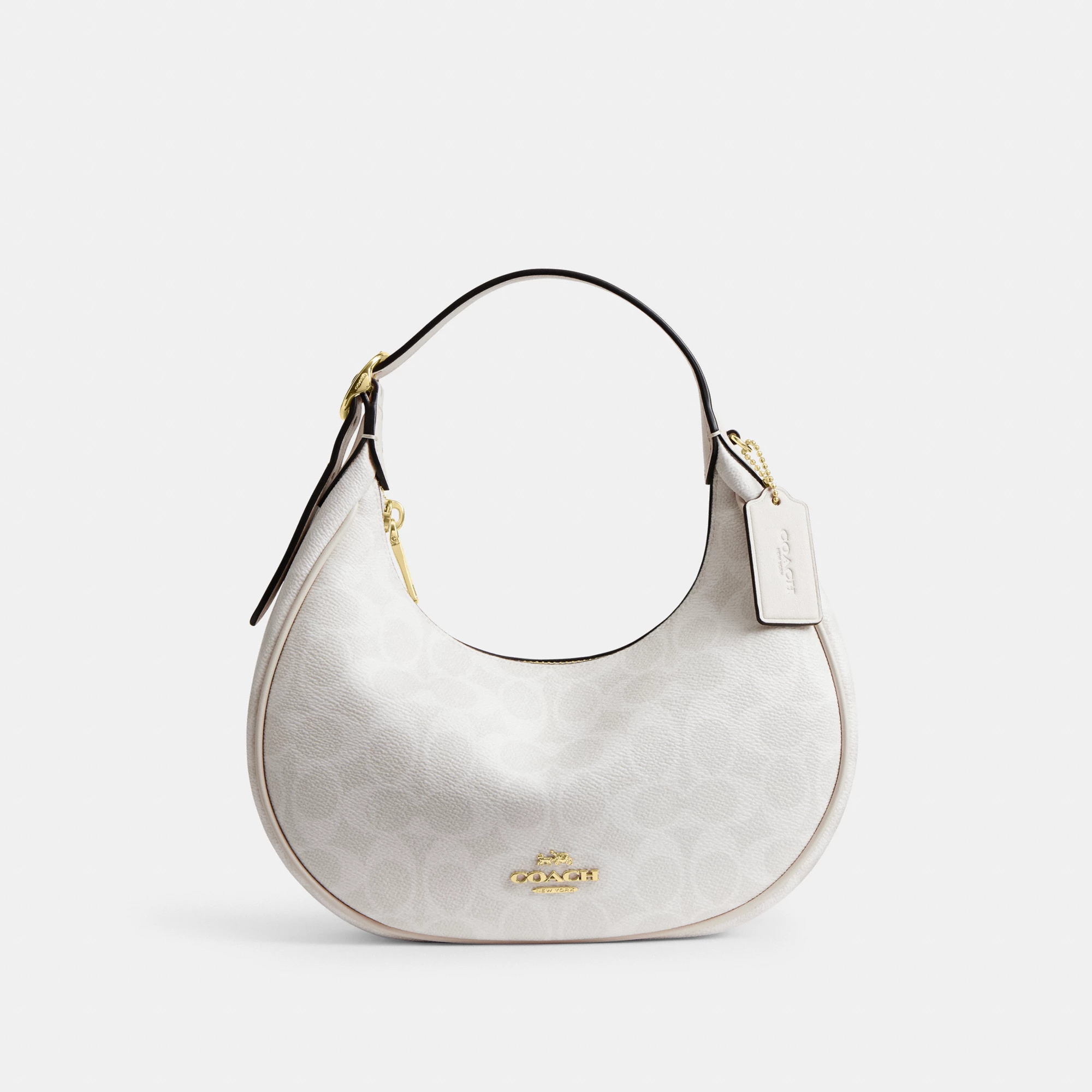 COACH®,Emily Shoulder Bag In Signature Canvas,Leather,Recycled Polyester,Canvas,Shoulder Bag,Metal,Pendant,Piping,Logo,Sus...,White,Front View