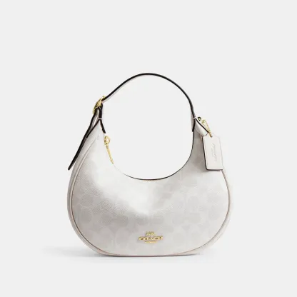 COACH®,Emily Shoulder Bag In Signature Canvas,Leather,Recycled Polyester,Canvas,Shoulder Bag,Metal,Pendant,Piping,Logo,Sus...,White,Front View