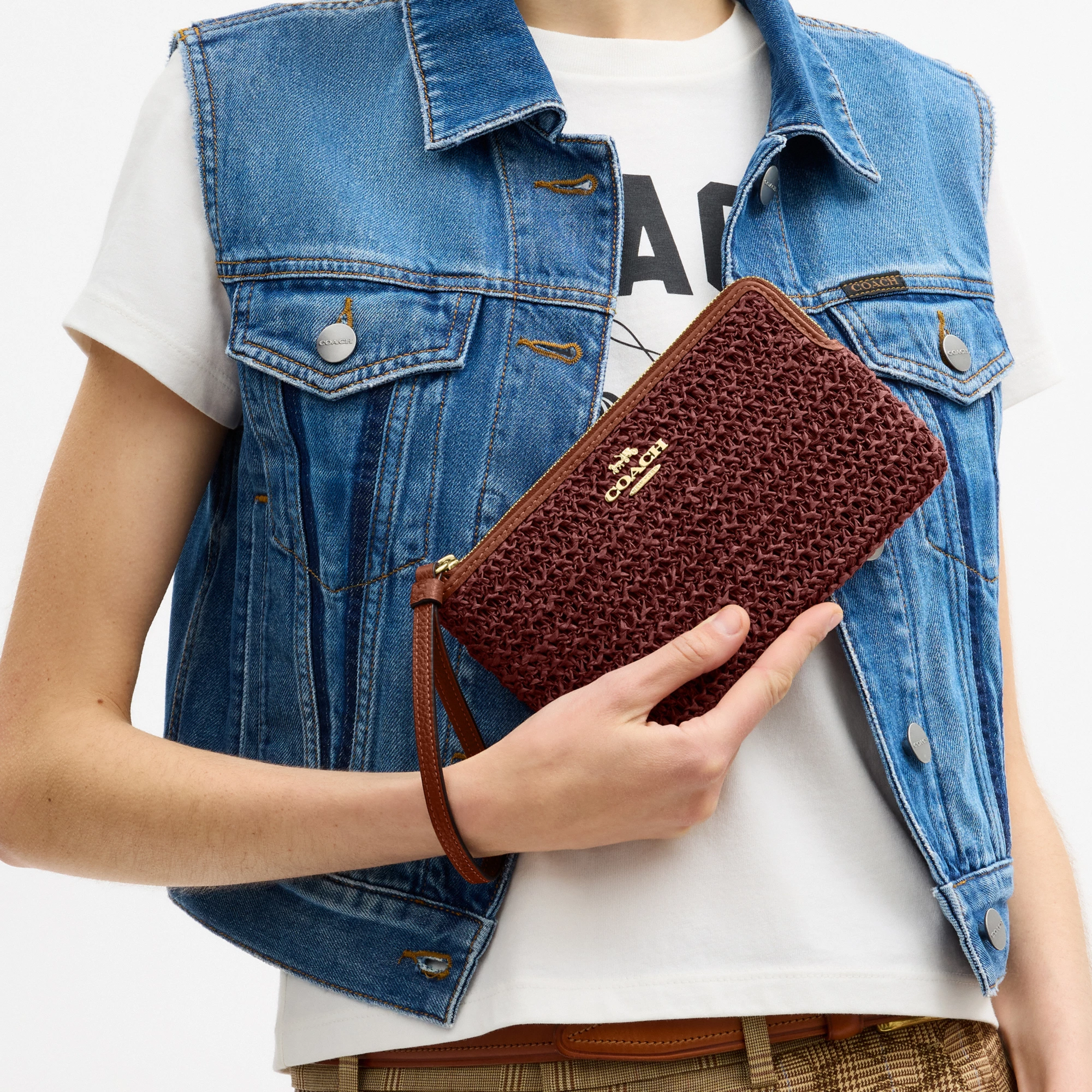 COACH®,Large Corner Zip Wristlet,Leather,Recycled Polyester,Wristlet,Metal Material,Straw,Logo,Gold Metal,Casual, Father's...,Brown,Detail View