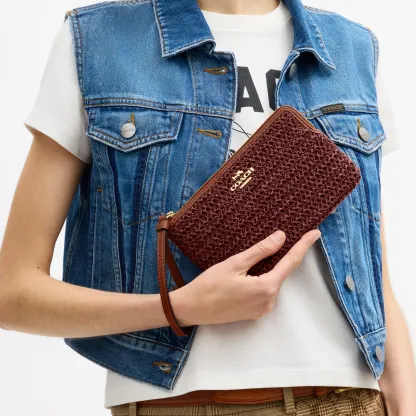 COACH®,Large Corner Zip Wristlet,Leather,Recycled Polyester,Wristlet,Metal Material,Straw,Logo,Gold Metal,Casual, Father's...,Brown,Detail View