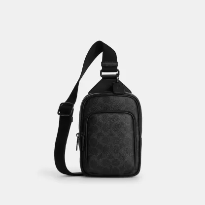 COACH®,Racer Sling Pack In Signature Canvas,Recycled Polyester,Canvas,Leather,Slingback,Metal Material,Logo,Adjustable,Sus...,Black,Front View