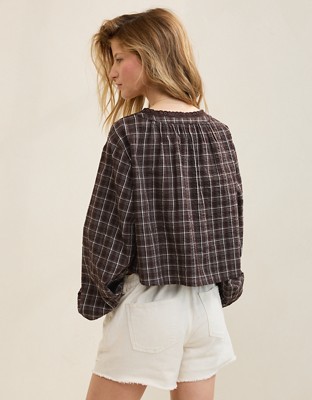 Aerie Seersucker Long Sleeve Volume Tie Top - Deep Earth