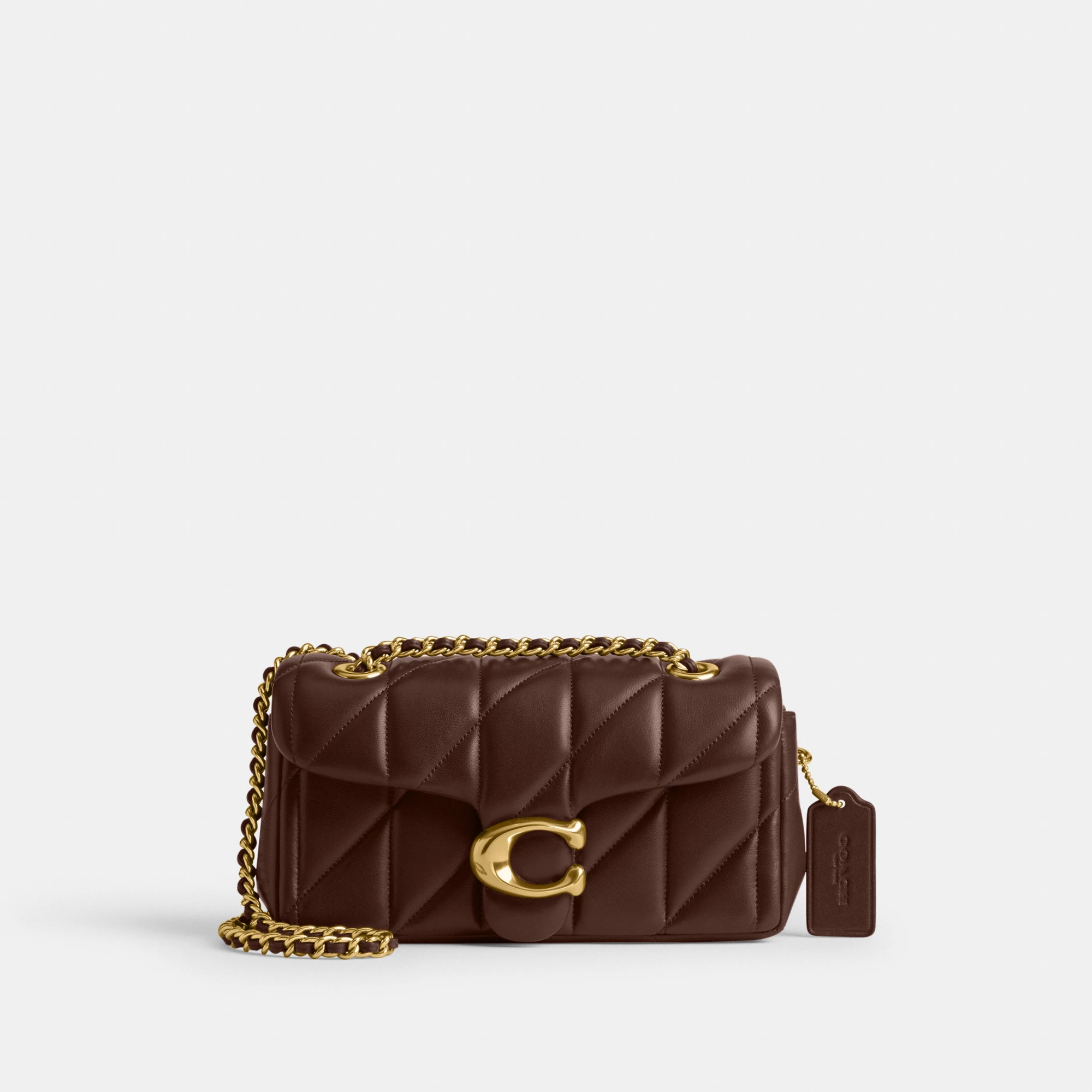 COACH®,Tabby Shoulder Bag 20 With Pillow Quilting,Leather,Shoulder Bag,Chain Detail,Embossed,Logo,Metal,Gold Metal,Day Party,Brown,Front View