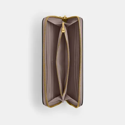 COACH®,Essential Slim Accordion Zip Wallet,Calfskin Leather,Leather,Continental,Logo,Metal,Casual,Gray,Inside View,Top View