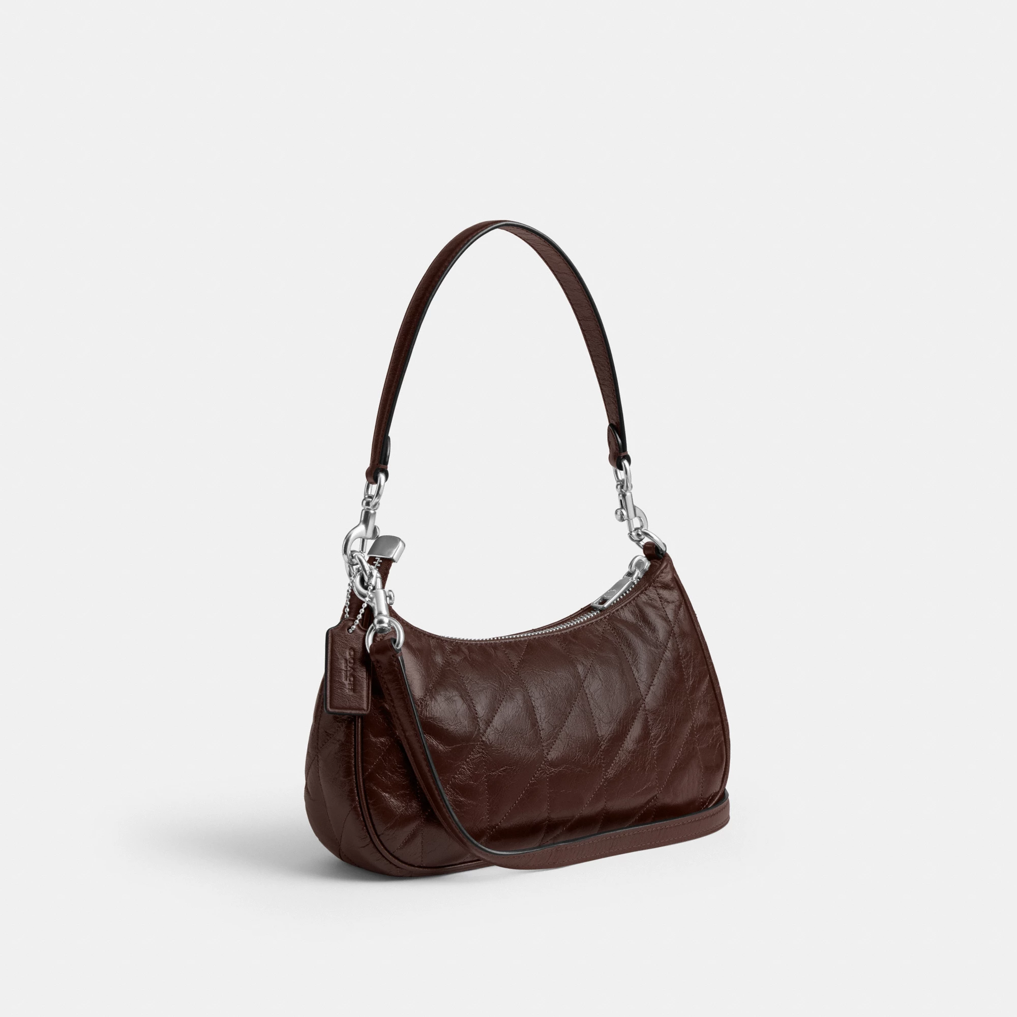 COACH®,Teri Shoulder Bag With Quilting,Recycled Polyester,Leather,Shoulder Bag,Metal,Logo,Silver Metal,Casual,Brown,Angle View