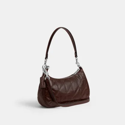 COACH®,Teri Shoulder Bag With Quilting,Recycled Polyester,Leather,Shoulder Bag,Metal,Logo,Silver Metal,Casual,Brown,Angle View