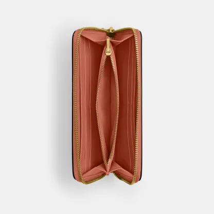 COACH®,Essential Slim Accordion Zip Wallet,Calfskin Leather,Leather,Continental,Logo,Metal,Casual,Brown,Inside View,Top View