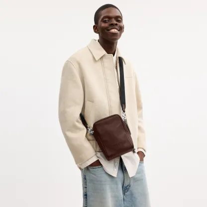 COACH®,Tristan Crossbody Bag 14,Leather,Recycled Polyester,Crossbody,Logo,Convertible,Adjustable,Sustainable,Silver Metal,...,Brown,Detail View