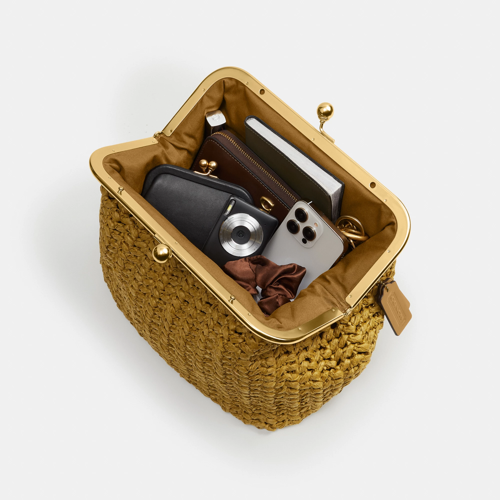 COACH®,Kisslock Frame Bag 27,Cotton,Calfskin Leather,Clutch,Metal Material,Straw,Pendant,Lined,Brass,Day Party,Beige,Inside View,Top View