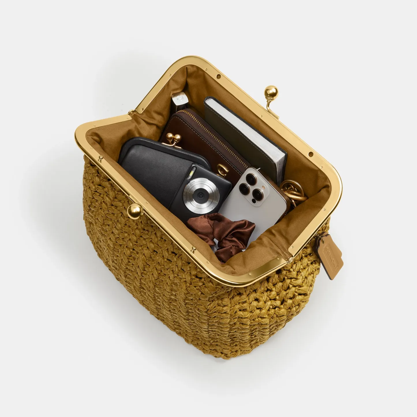 COACH®,Kisslock Frame Bag 27,Cotton,Calfskin Leather,Clutch,Metal Material,Straw,Pendant,Lined,Brass,Day Party,Beige,Inside View,Top View