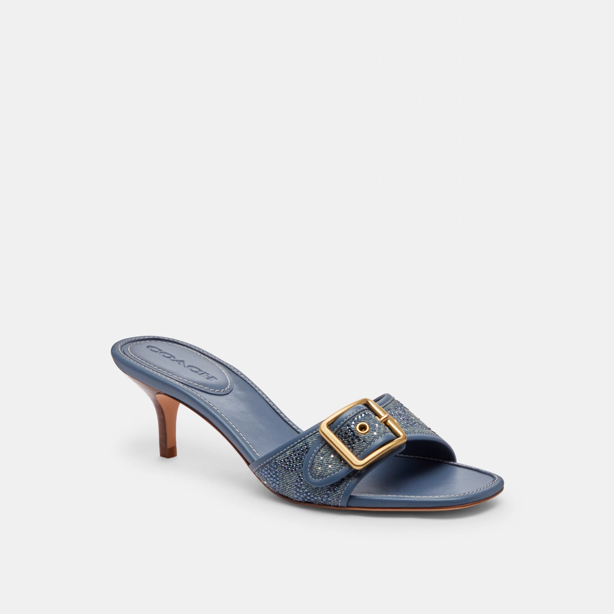 COACH®,Margot Sandal In Crystal Signature Denim,Leather,Denim,Cotton,Sandals,Fabric,Crystal,Embellished,Metal,Sustainable,...,Blue,Front View