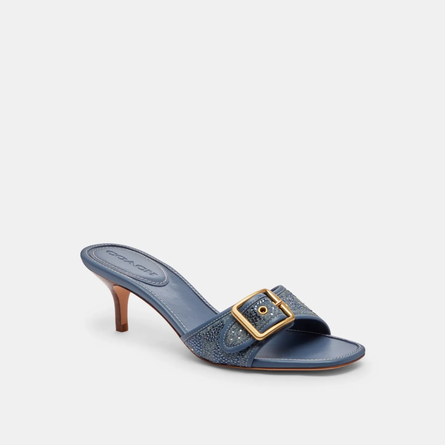 COACH®,Margot Sandal In Crystal Signature Denim,Leather,Denim,Cotton,Sandals,Fabric,Crystal,Embellished,Metal,Sustainable,...,Blue,Front View