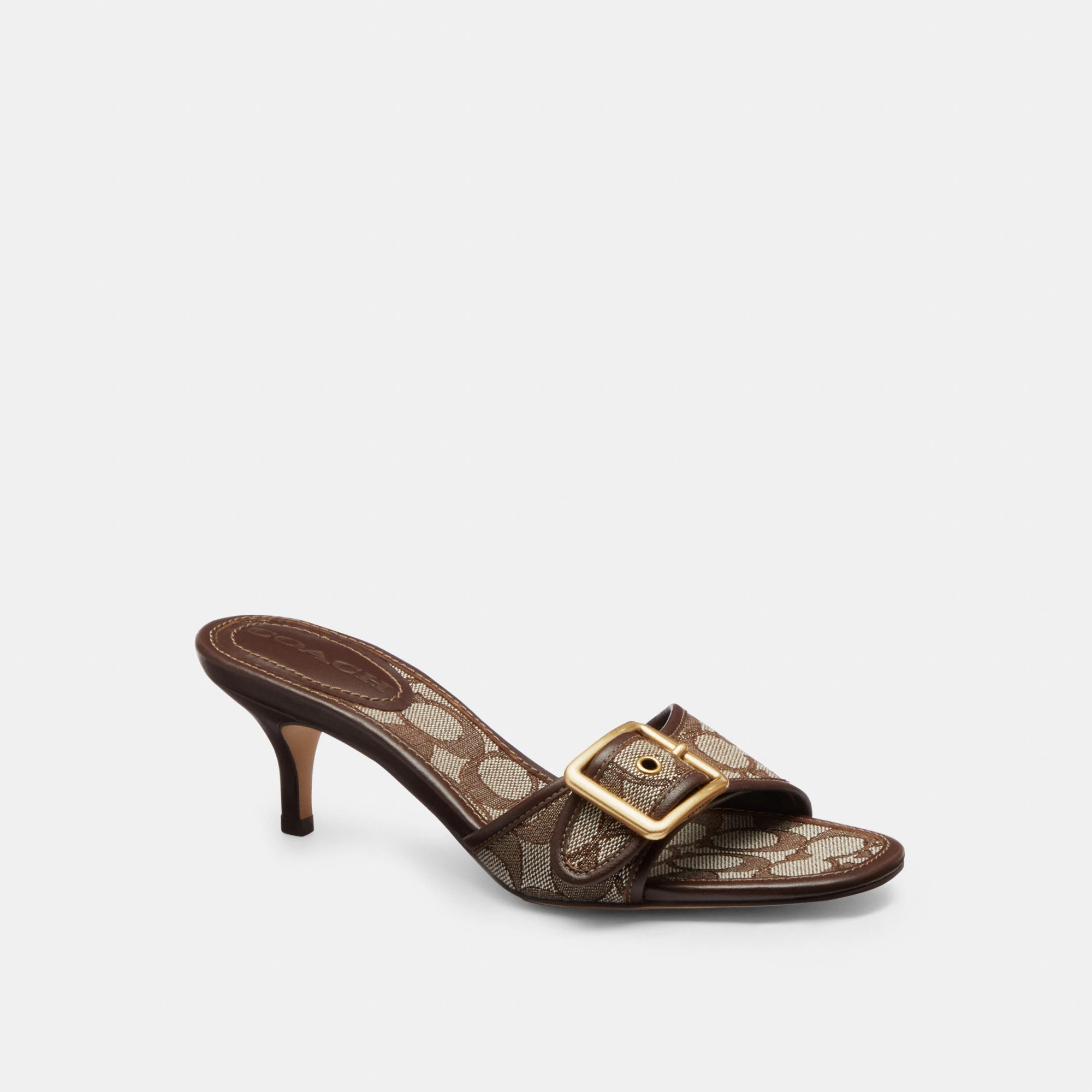 COACH®,Margot Sandal In Signature Jacquard,Recycled Cotton,Recycled Polyester,Leather,Slides,Fabric,Piping,Logo,Sustainabl...,Brown,Front View