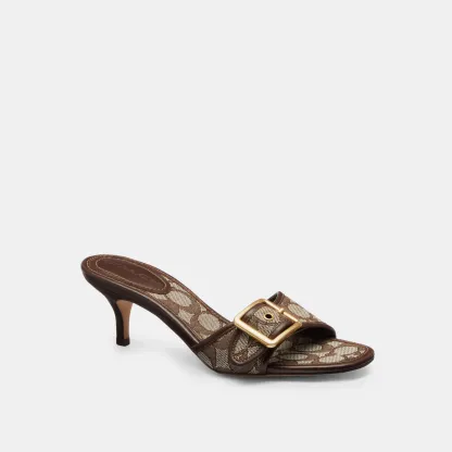 COACH®,Margot Sandal In Signature Jacquard,Recycled Cotton,Recycled Polyester,Leather,Slides,Fabric,Piping,Logo,Sustainabl...,Brown,Front View