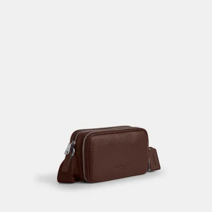 COACH®,Colton Crossbody Bag 19,Recycled Polyester,Leather,Crossbody,Logo,Sustainable,Silver Metal,Casual,Brown,Angle View