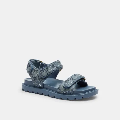 COACH®,Brynn Sandal In Crystal Signature Denim,Denim,Faux Leather,Cotton,Sandals,Crystal,Logo,Shoe Straps,Flexible,Sustain...,Blue,Front View