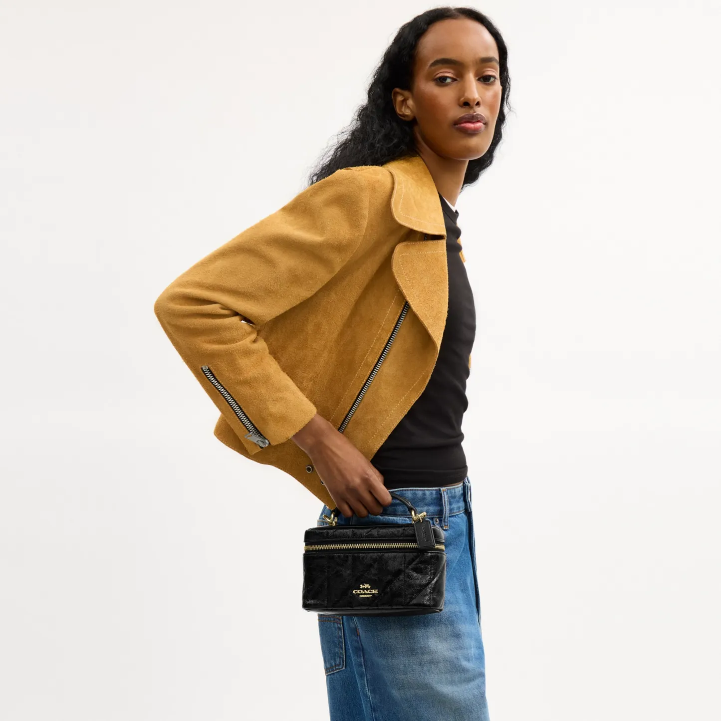 COACH®,Rainer Crossbody Bag 18 With Quilting,Recycled Polyester,Leather,Crossbody,Logo,Quilted,Sustainable,Adjustable,Gold...,Black,Detail View