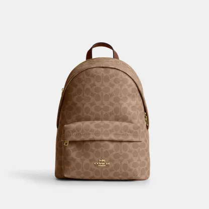 COACH®,Taylor Small Backpack In Signature Canvas,Recycled Polyester,Canvas,Backpack,Metal,Logo,Adjustable,Gold Metal,Casual,,Front View