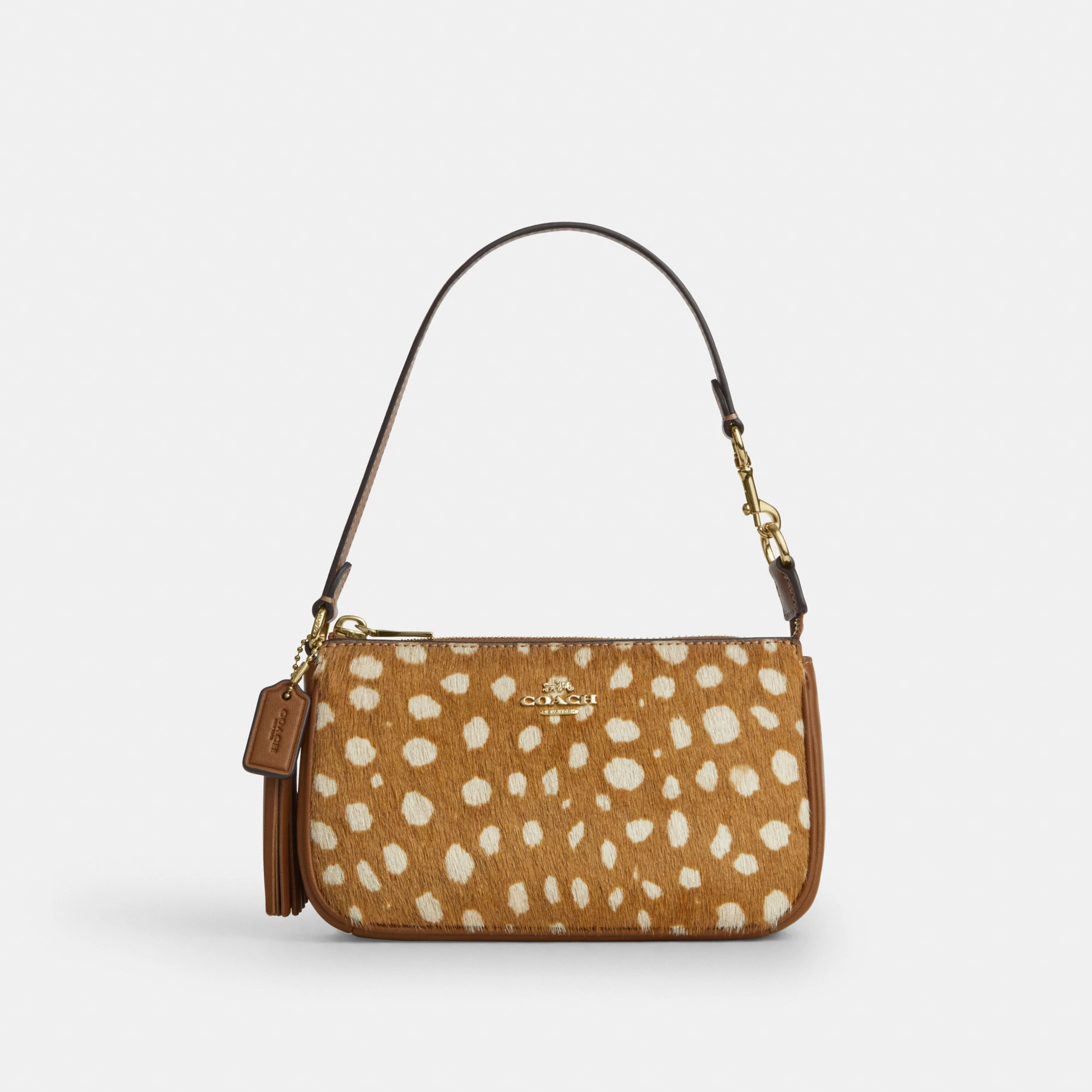 COACH®,Nolita 19 With Deer Print,Recycled Polyester,Calf Hair,Leather,Pouch,Metal Material,Lined,Sustainable,Gold Metal,Ca...,Brown,Front View