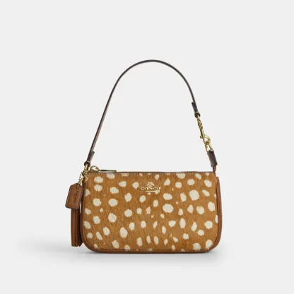 COACH®,Nolita 19 With Deer Print,Recycled Polyester,Calf Hair,Leather,Pouch,Metal Material,Lined,Sustainable,Gold Metal,Ca...,Brown,Front View