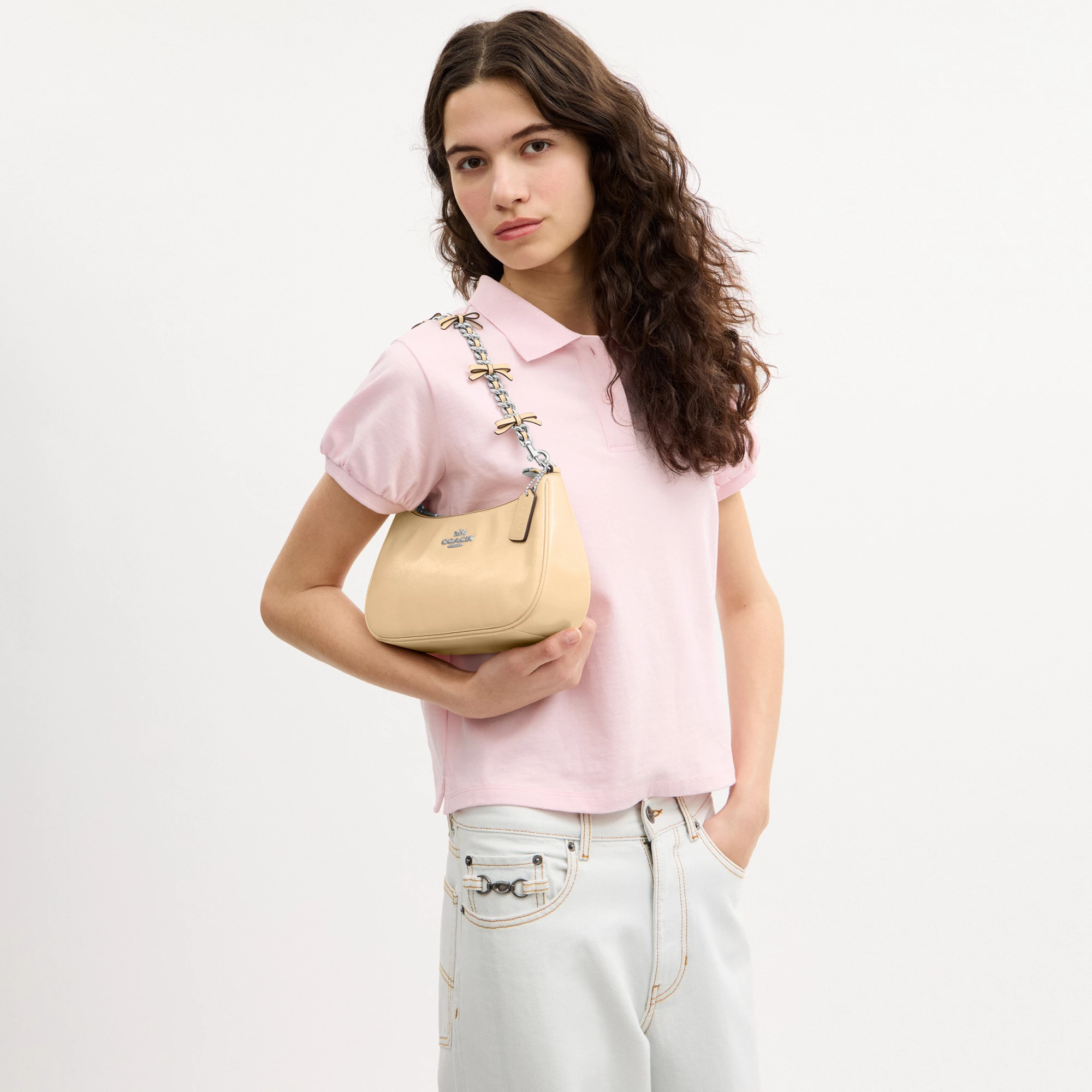 COACH®,Teri Shoulder Bag With Bows,Leather,Recycled Polyester,Shoulder Bag,Bow,Sustainable,Silver Metal,Casual, Father's Day,Beige,Detail View