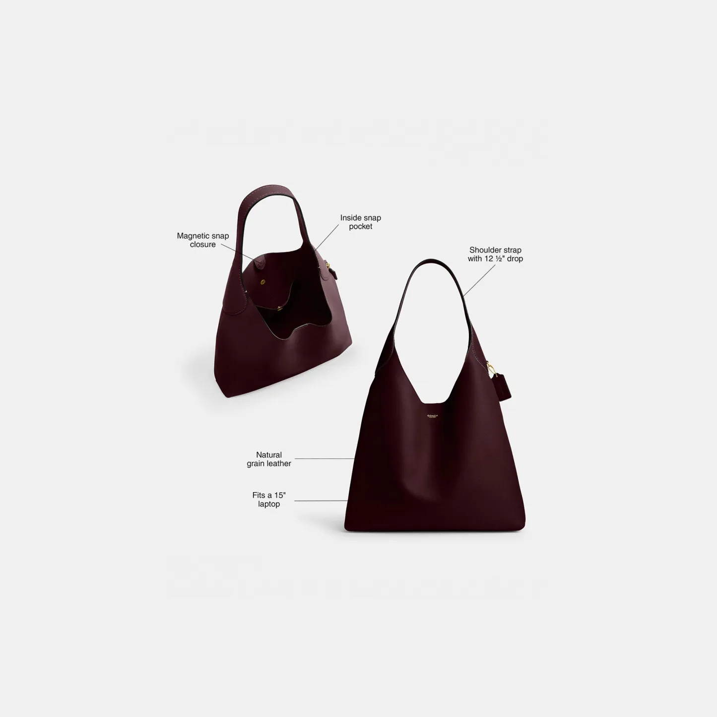 COACH®,Brooklyn Shoulder Bag 39,Hobo,Logo,Word Embellishment,Embossed,Casual,Maroon