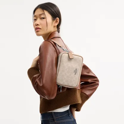 COACH®,Mini Carey Crossbody Bag In Signature Canvas,Polyester,Leather,Canvas,Crossbody,Metal Material,Logo,Metal,Piping,Pe...,Multi Color,Detail View
