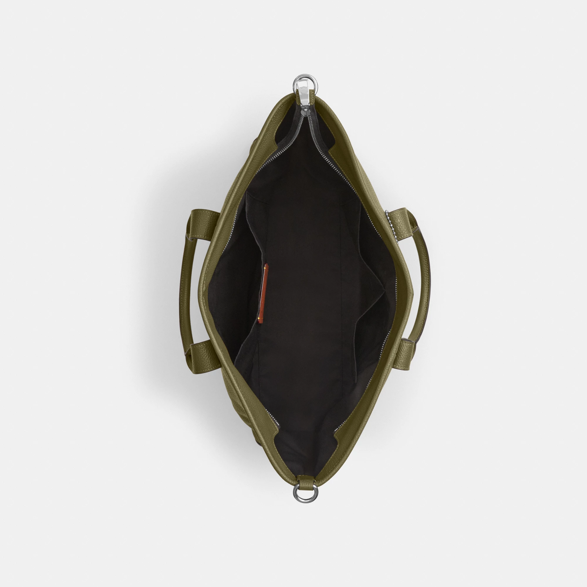 COACH®,Grayson Tote Bag,Leather,Recycled Polyester,Tote,Sustainable,Silver Metal,Work, Father's Day,Olive,Inside View,Top View