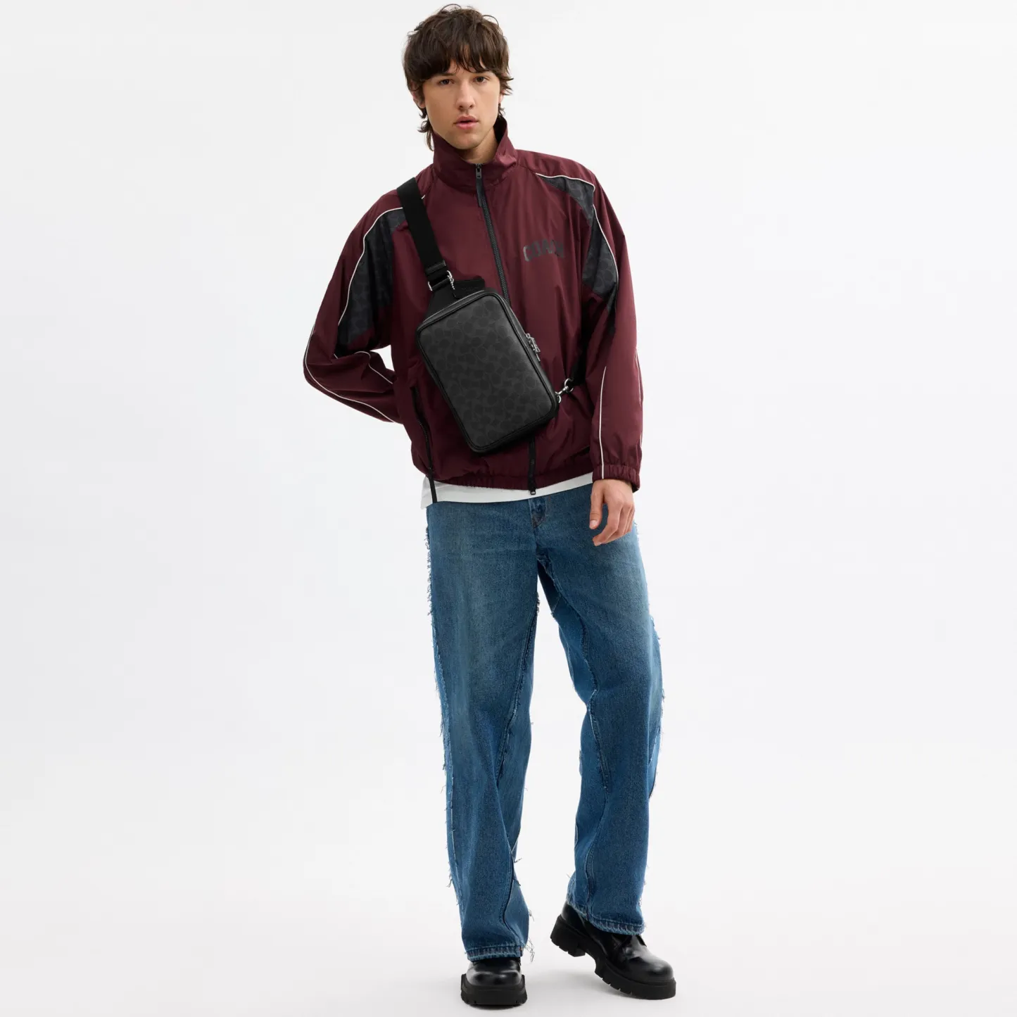 COACH®,Ray Pack 17 In Signature Canvas,Leather,Recycled Polyester,Canvas,Crossbody,Adjustable,Sustainable,Silver Metal,Casual,Black,Detail View
