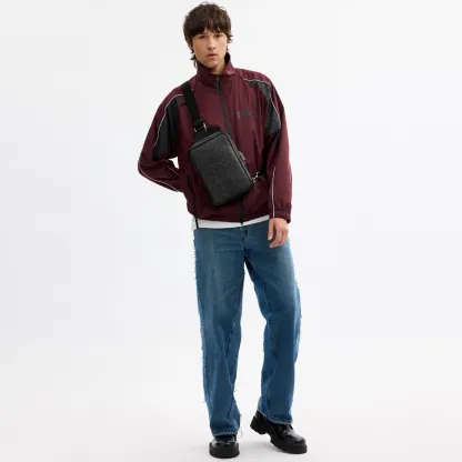 COACH®,Ray Pack 17 In Signature Canvas,Leather,Recycled Polyester,Canvas,Crossbody,Adjustable,Sustainable,Silver Metal,Casual,Black,Detail View