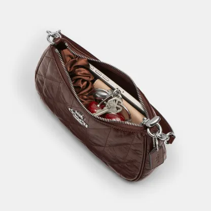 COACH®,Teri Shoulder Bag With Quilting,Recycled Polyester,Leather,Shoulder Bag,Metal,Logo,Silver Metal,Casual,Brown,Inside View,Top View