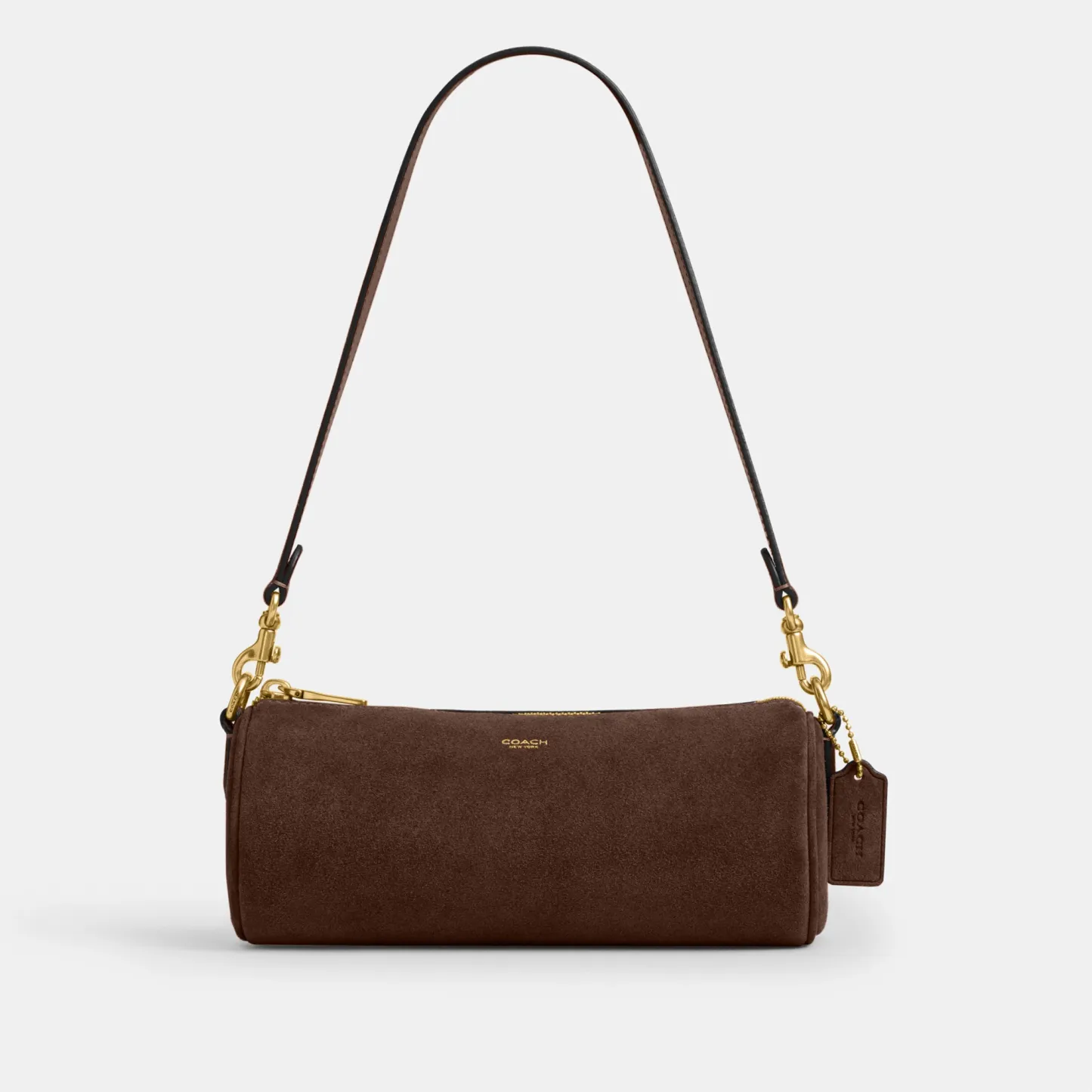 COACH®,Barrel Bag,Calfskin Leather,Suede,Barrel Bag,Pendant,Lined,Adjustable,Brass,Casual,Brown,Front View
