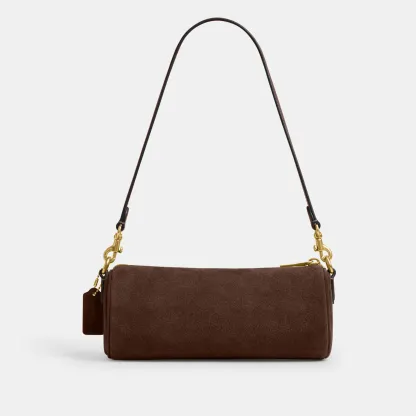 COACH®,Barrel Bag,Calfskin Leather,Suede,Barrel Bag,Pendant,Lined,Adjustable,Brass,Casual,Brown,Back View