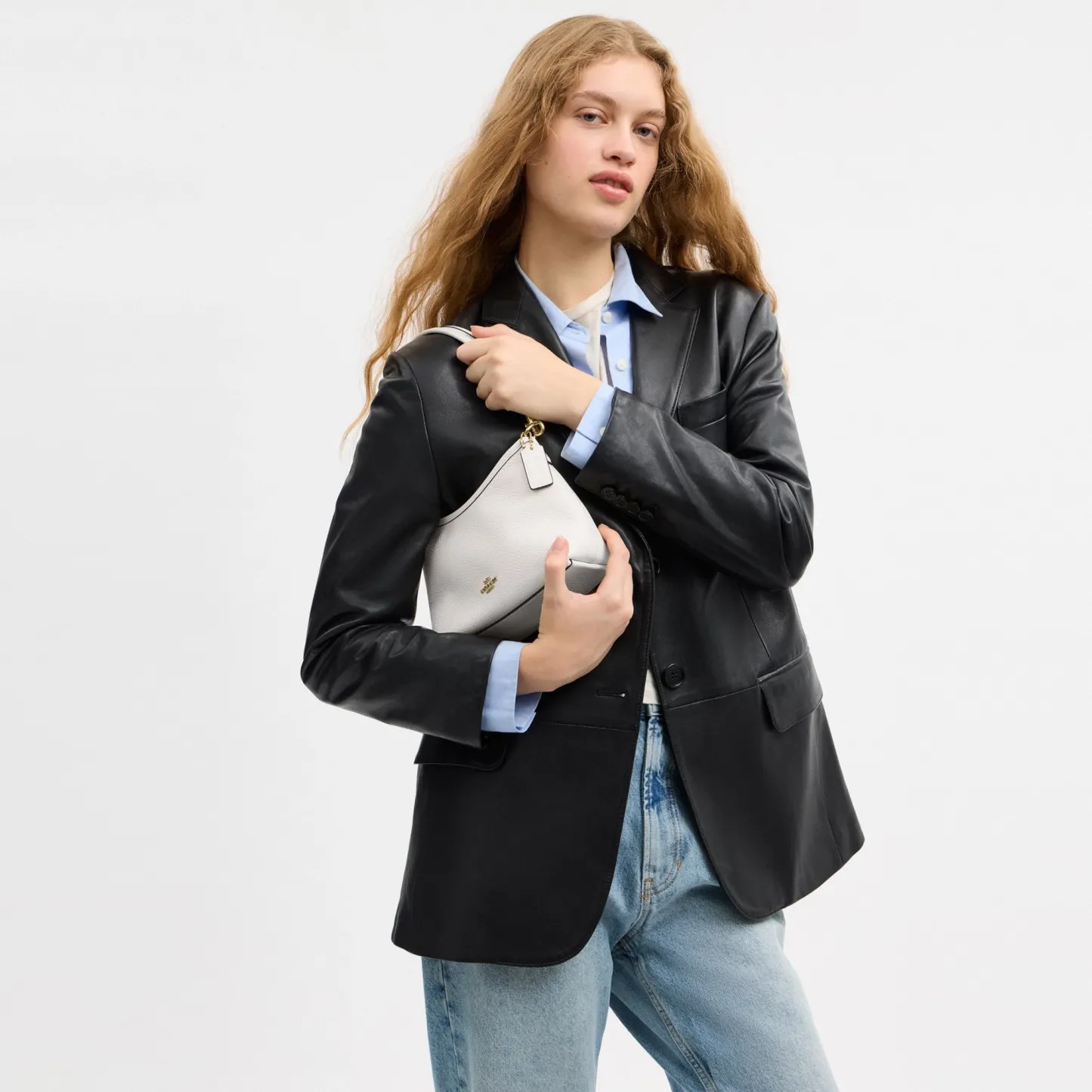 COACH®,Laurel Small Shoulder Bag,Leather,Shoulder Bag,Metal,Logo,Gold Metal,Casual,White,Detail View