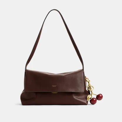 COACH®,Chelsea Shoulder Bag 30,Suede,Leather,Shoulder Bag,3D Embellishment,Metal,Pendant,Lined,Brass,Casual,Brown,Angle View