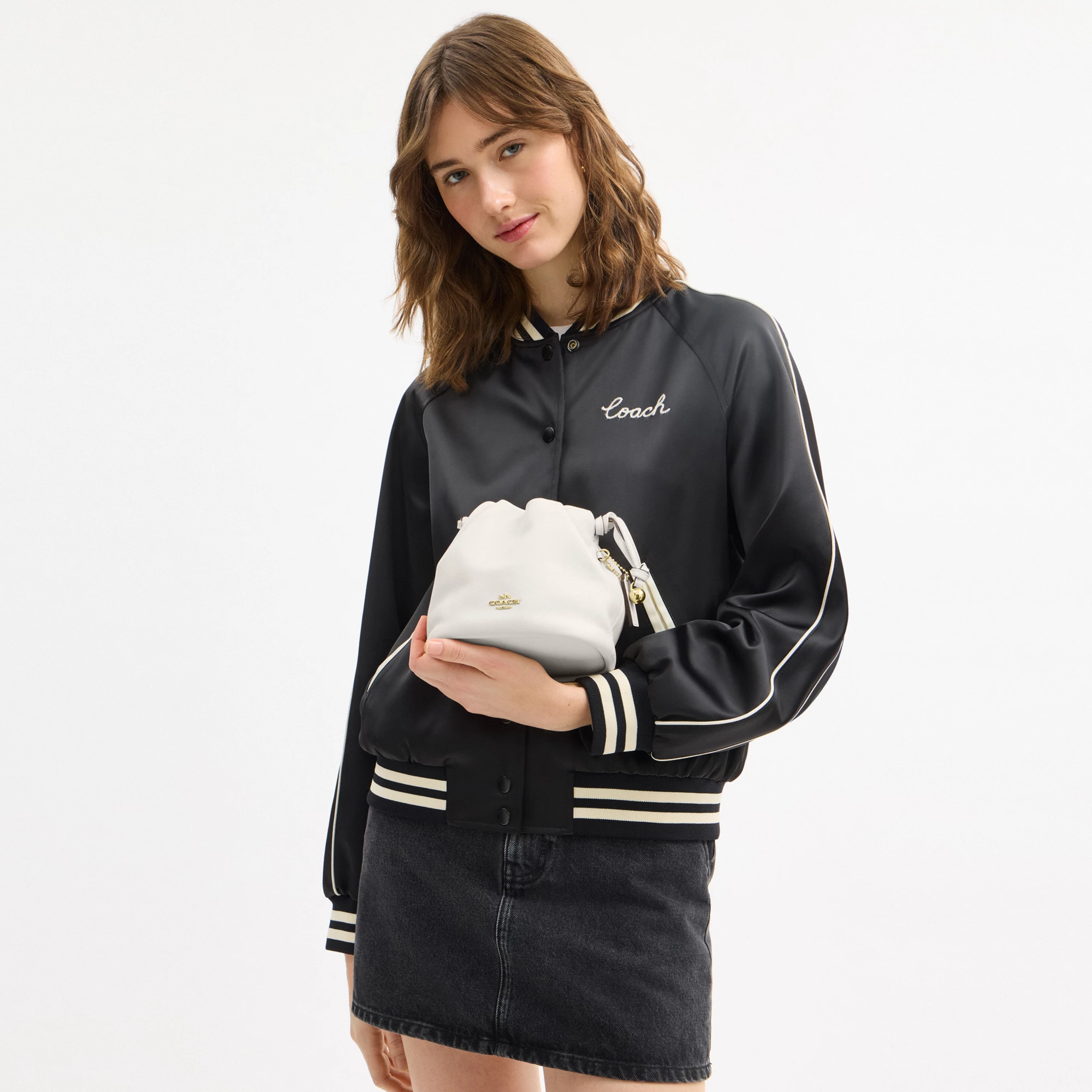 COACH®,Faye Mini Drawstring Bag,Leather,Bucket,Logo,Metal,Silver Metal,Day Party,White,Detail View