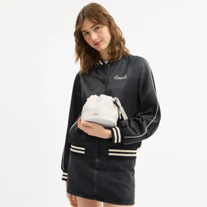 COACH®,Faye Mini Drawstring Bag,Leather,Bucket,Logo,Metal,Silver Metal,Day Party,White,Detail View