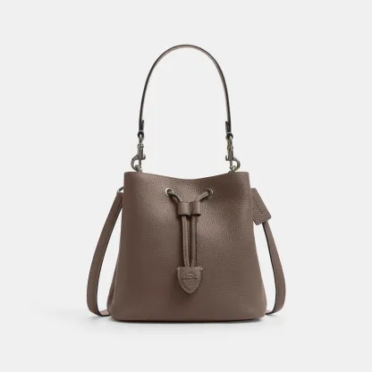 COACH®,Rowan Bucket Bag,Leather,Bucket,Metal,Logo,Casual,Brown,Front View