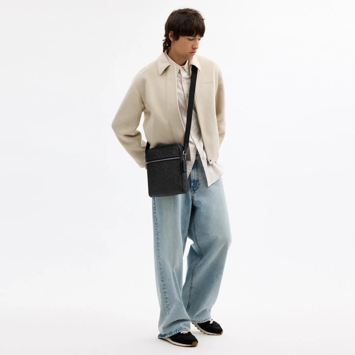 COACH®,Tristan Crossbody Bag 22 In Signature Canvas,Recycled Polyester,Canvas,Leather,Crossbody,Logo,Adjustable,Silver Met...,Black,Detail View