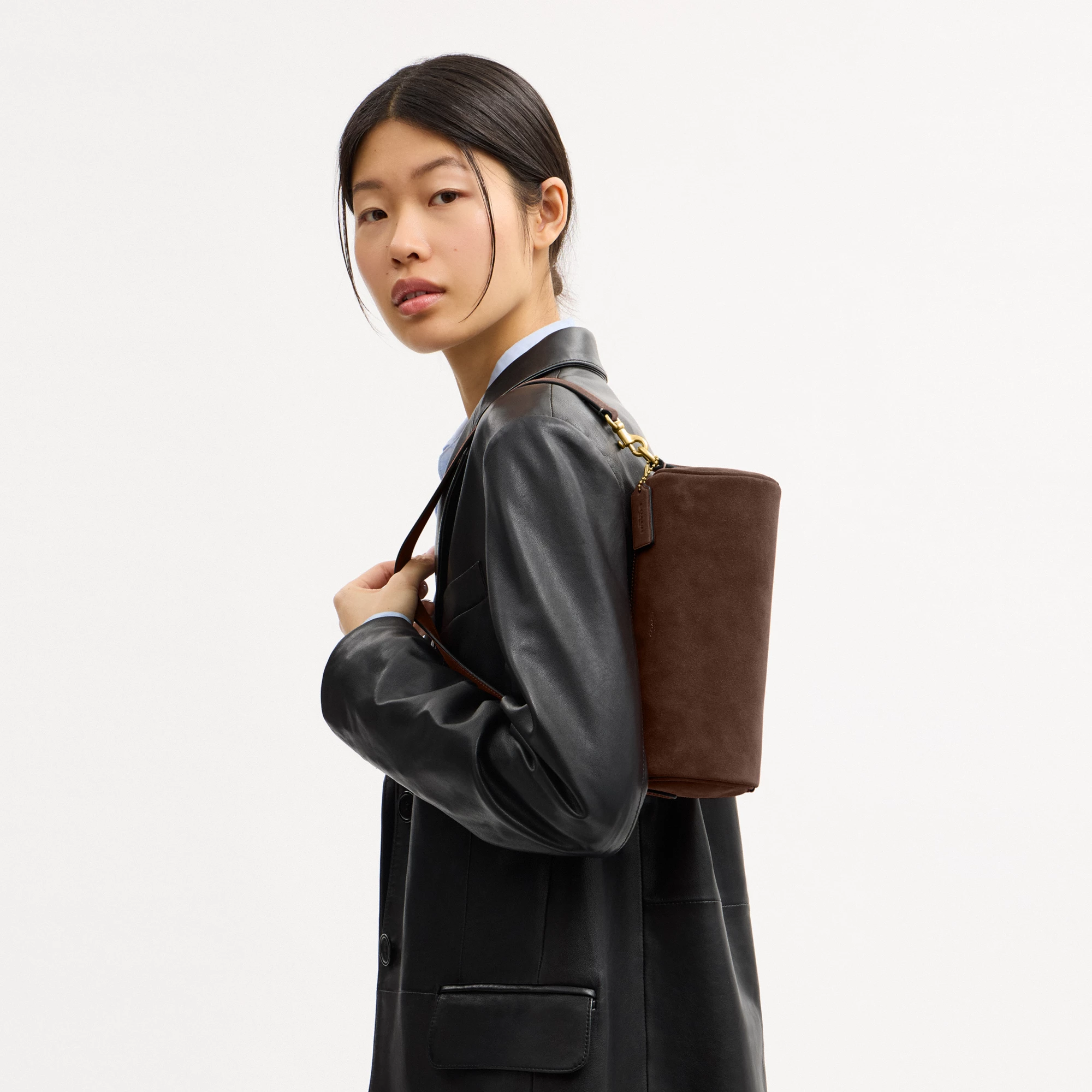 COACH®,Barrel Bag,Calfskin Leather,Suede,Barrel Bag,Pendant,Lined,Adjustable,Brass,Casual,Brown,Detail View