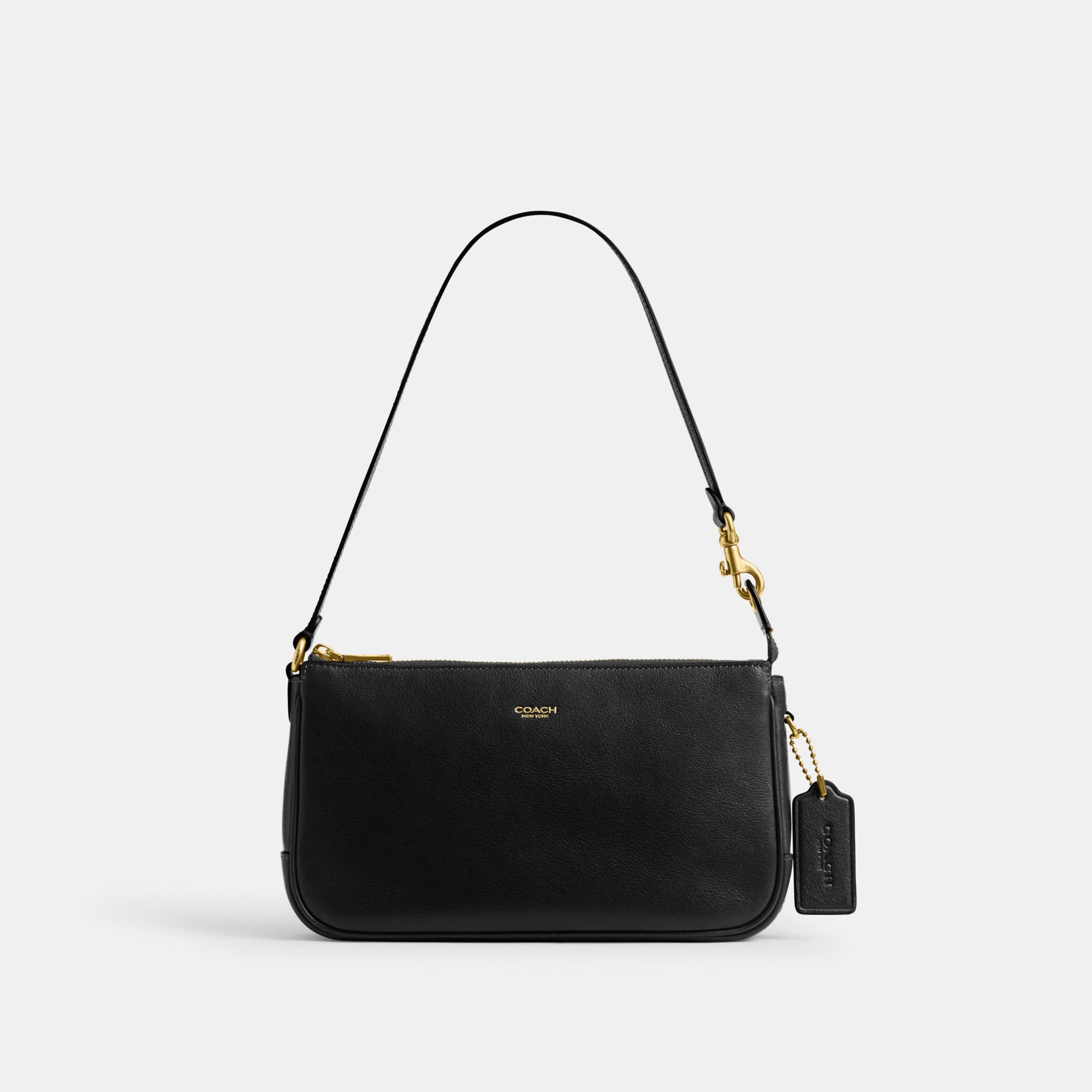 COACH®,Plaza Bag,Fabric,Leather,Shoulder Bag,Logo,Compact,Lined,Gold Metal,Casual,Black,Front View