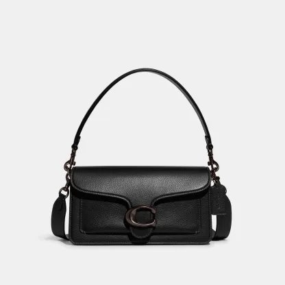 COACH®,Tabby Shoulder Bag 26,Leather,Shoulder Bag,Crossbody,Logo,Gusset,Gold Metal,Casual,Black,Front View