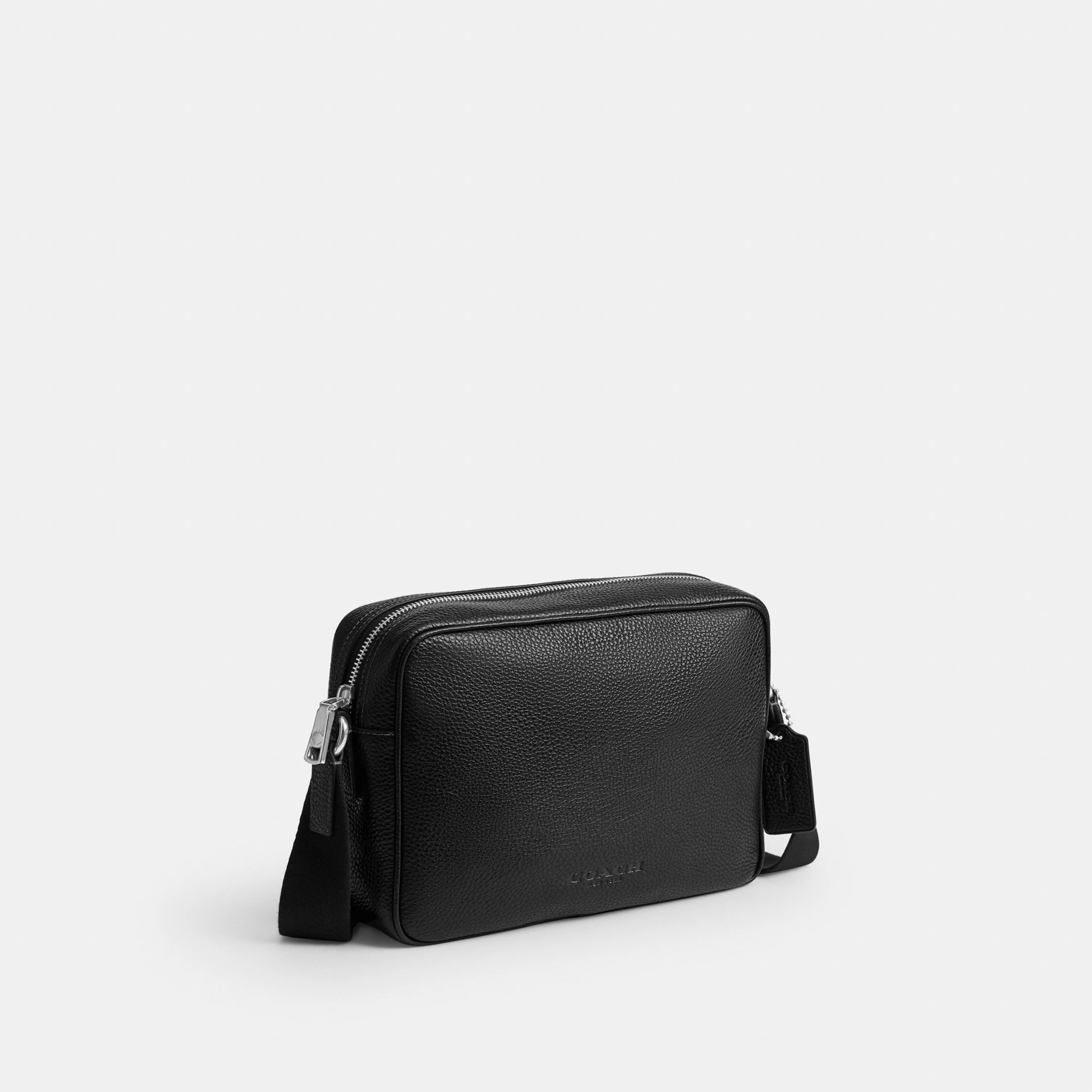 COACH®,Colton Crossbody Bag 25,Recycled Polyester,Leather,Crossbody,Adjustable,Silver Metal,Casual,Black,Angle View