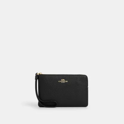 COACH®,Corner Zip Wristlet,Pouch,Wristlet,Silver Metal,Casual,Black,Front View