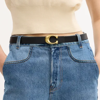 COACH®,Sculpted C Buckle Reversible Belt, 25 Mm,Canvas,Leather,Standard,Logo,Metal,Reversible,Brass Gold,Gold Metal,Casual,Black,Brown,Detail View