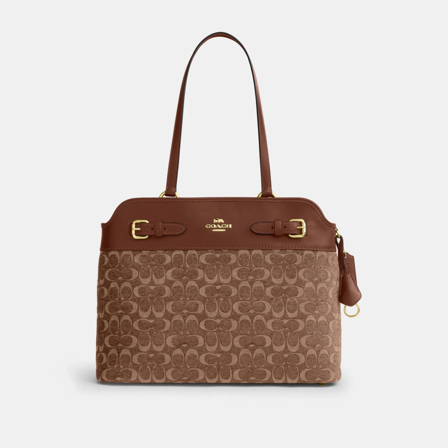 COACH®,Easton Tote Bag In Signature Chenille,Leather,Tote,Logo,Color Block,Lined,Stain Resistant,Gold Metal,Work,Brown,Front View