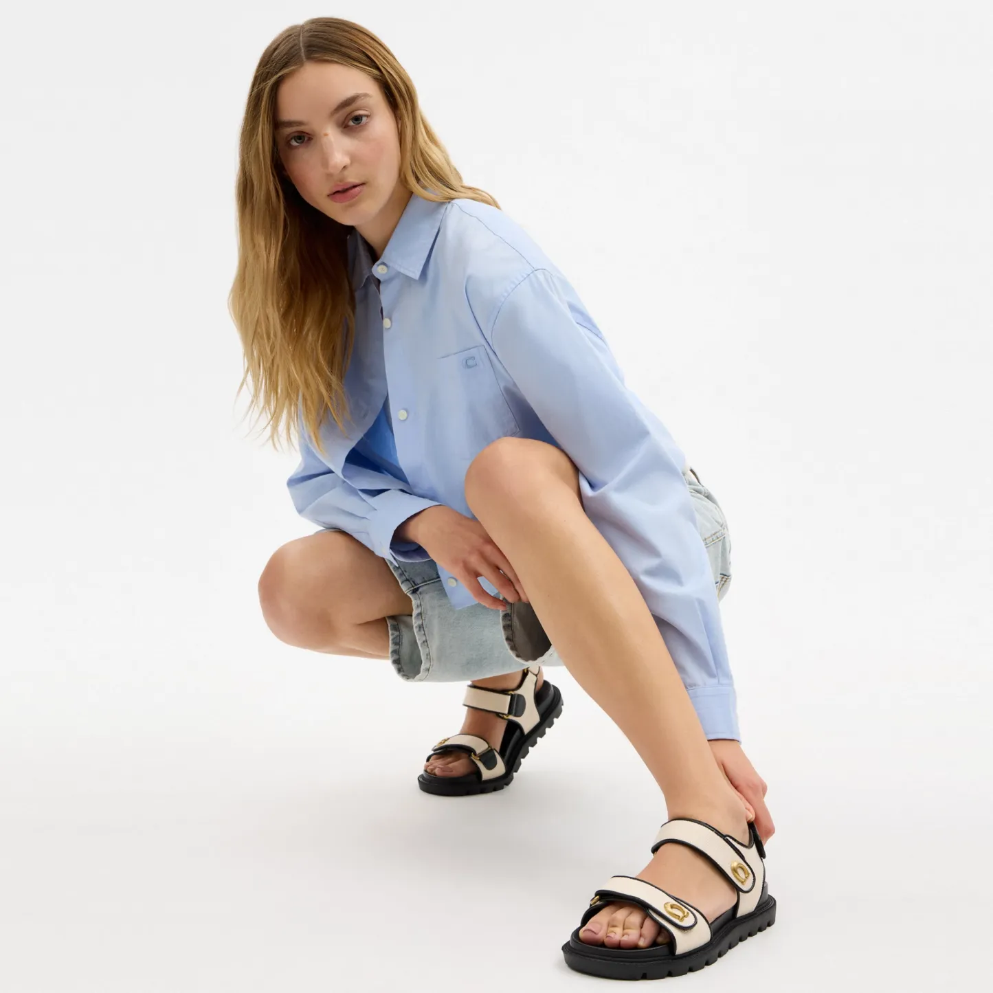 COACH®,Brynn Sandal,Canvas,EVA,Leather,Sandals,Fabric,Foam,Logo,Metal,Piping,Pull Tab,Casual,Cream,Detail View