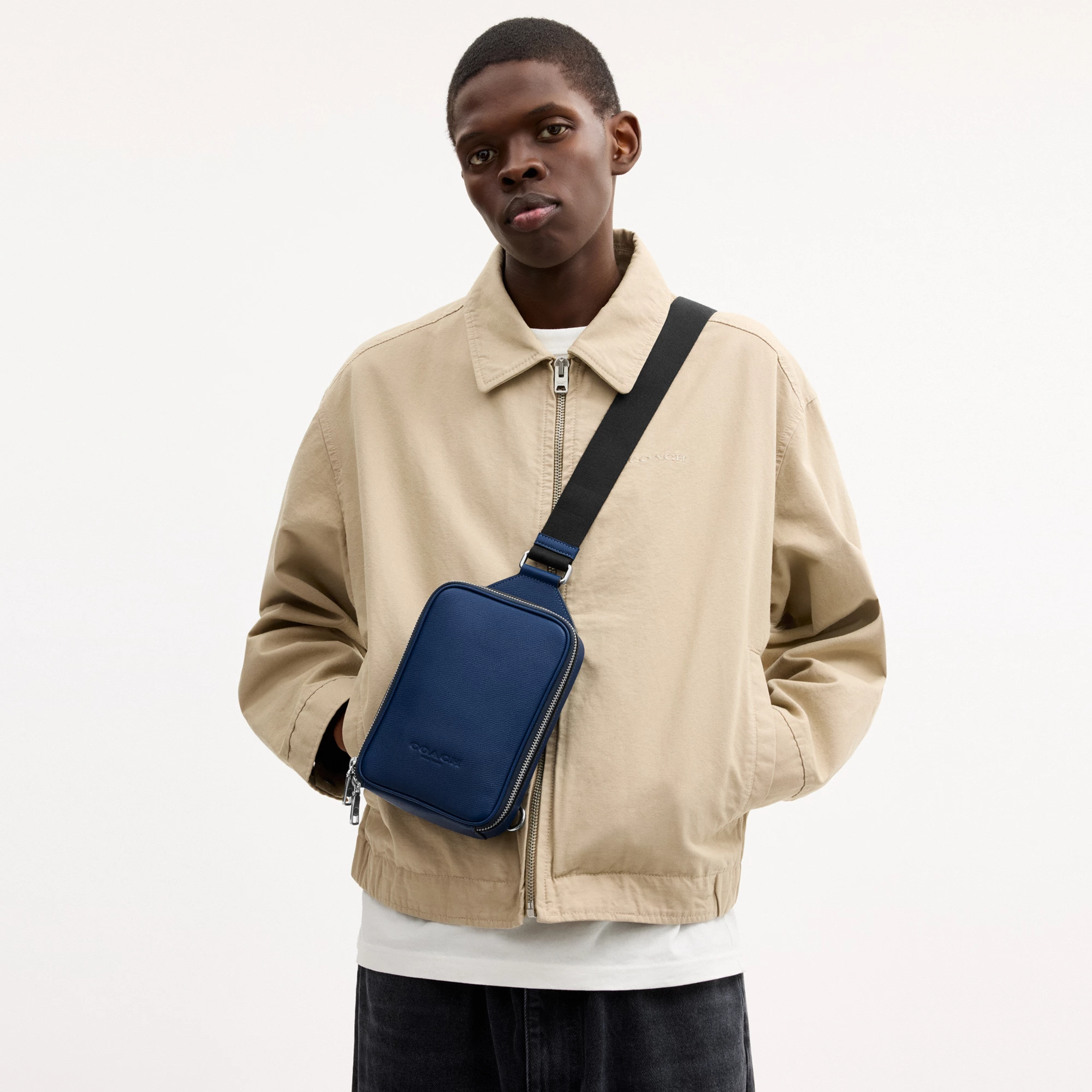 COACH®,Ray Pack,Recycled Polyester,Leather,Crossbody,Slingback,Metal Material,Logo,Adjustable,Silver Metal,Casual,Blue,Detail View